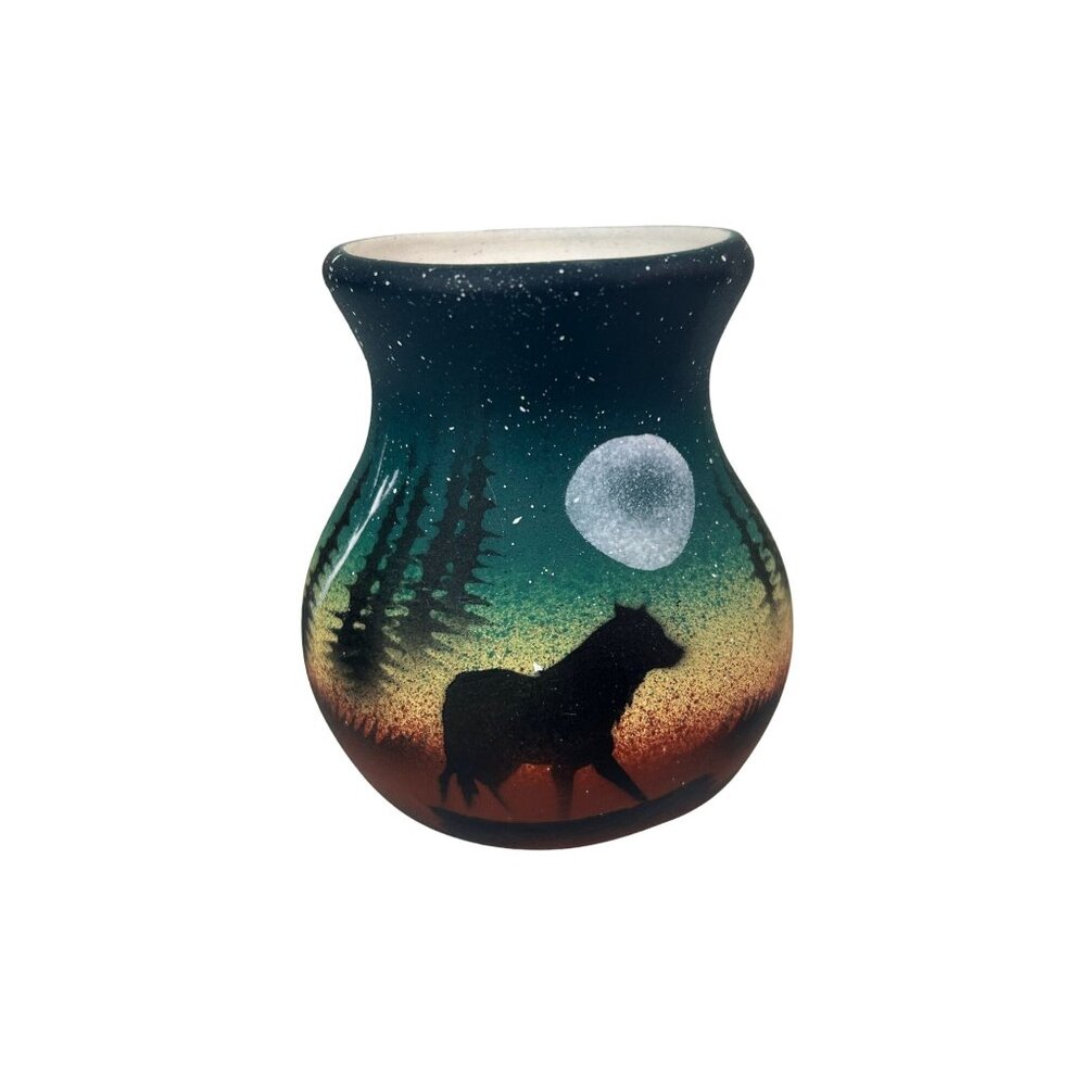 RWA Pottery Artist Signed 1999 4" Vase VTG Wolf Forest Southwestern Moon Art